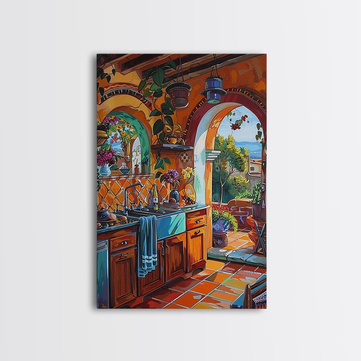 Sunlit Mediterranean Kitchen Framed Canvas Print Colorful Interior Wall Art Best Gift Idea Bright Rustic Home Seasonal Decor