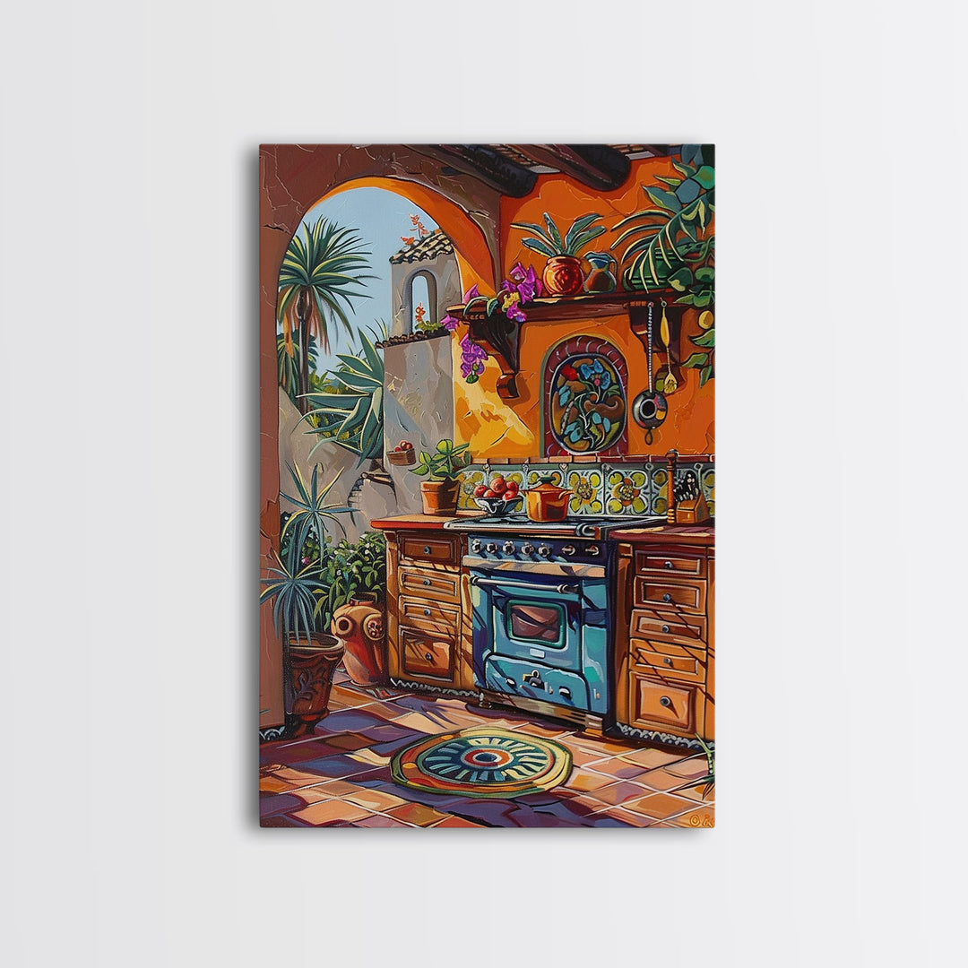 Vibrant Spanish Style Outdoor Kitchen Framed Canvas Print Colorful Tile Art Best Gift Rustic Wall Art Home Seasonal Decor Above Sofa