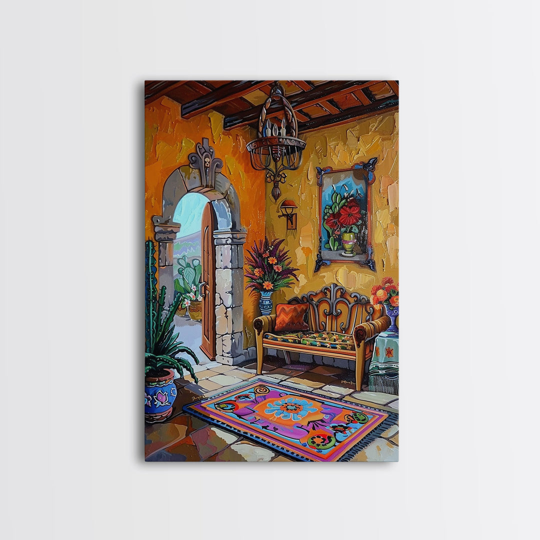 Vibrant Spanish Courtyard Framed Canvas Print Colorful Home Decor Best Gift Bright Seasonal Wall Art Mediterranean Patio Above Sofa Art