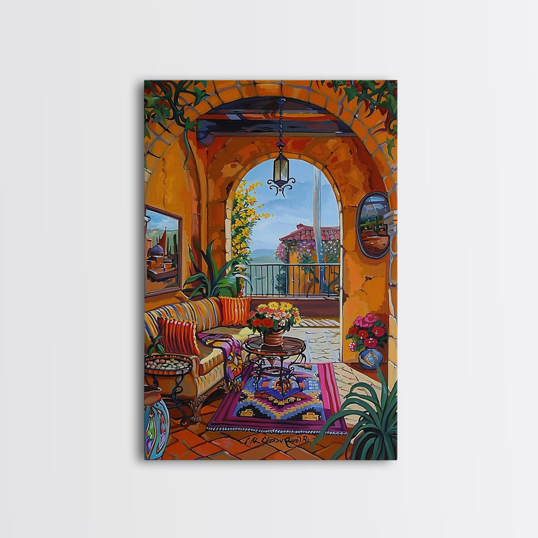 Spanish Villa With Cactus And Flowers Framed Canvas Print Rustic Home Decor Best Gift Idea Bright Courtyard Seasonal Wall Art