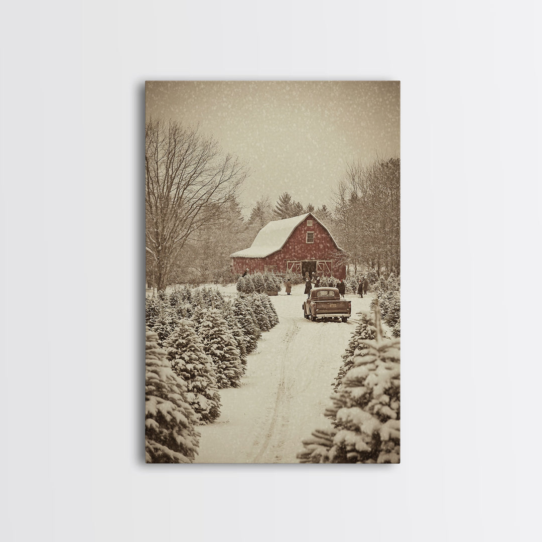 Snowy Farmhouse Christmas Scene with Red Barn and Vintage Truck, Perfect for Framed Canvas Print and Rustic Christmas Wall Art