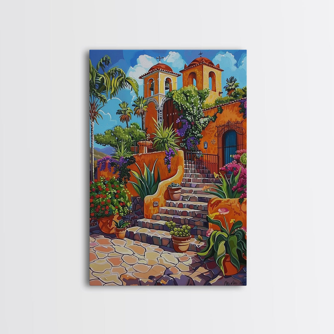 Spanish Mission With Palm Trees And Flowers Framed Canvas Print Colorful Home Decor Best Gift Bright Seasonal Art Above Sofa Wall Art