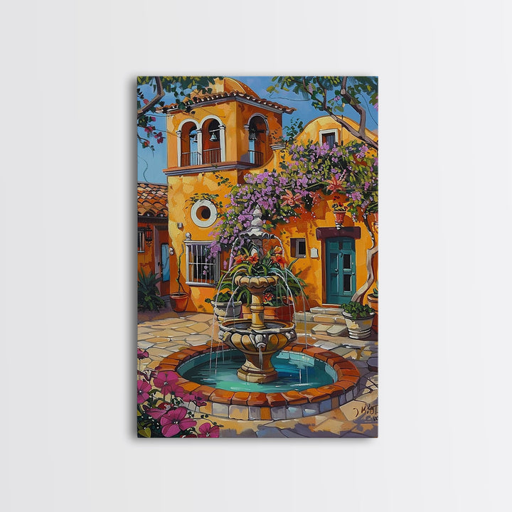 Tall Art Framed Canvas Print Featuring Mexican Style Courtyard Fountain And Vibrant Architecture