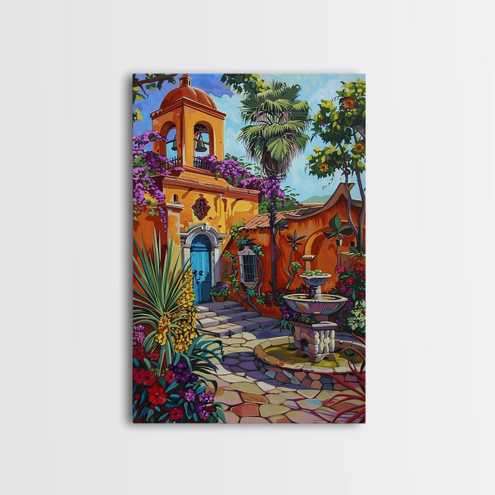 Vibrant Mexican Style Architecture Framed Canvas Print Tall Art Featuring Colorful Homes And Nature