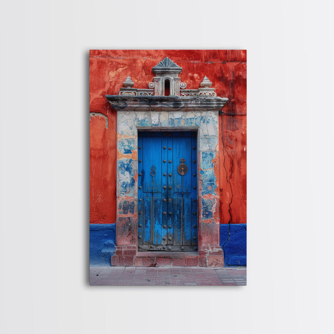 Tall Art Framed Canvas Print Of Mexican Style Blue Door And Red Walls With Vibrant Flowers