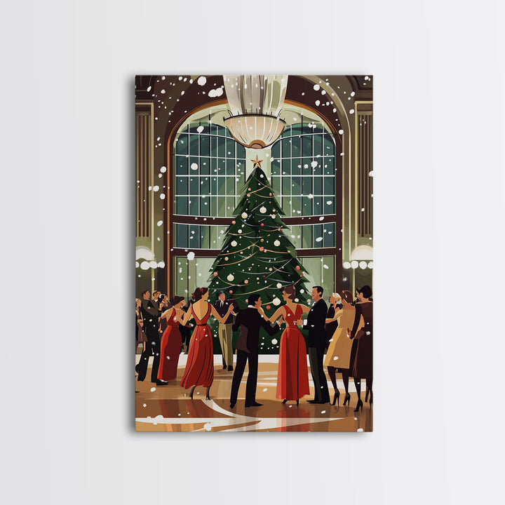 Vintage Christmas Dance in Grand Hall with Snow Falling and Large Decorated Christmas Tree, Ideal Holiday Art, Framed Canvas Print