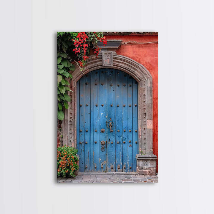 Traditional Mexican Style Rustic Blue Door Tall Art Framed Canvas Print Featuring Detailed Architecture