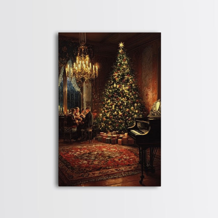 Vintage Victorian Christmas Tree Framed Canvas Print Tall Art With Grand Piano And Family Gathering, Elegant Christmas Wall Art Decor