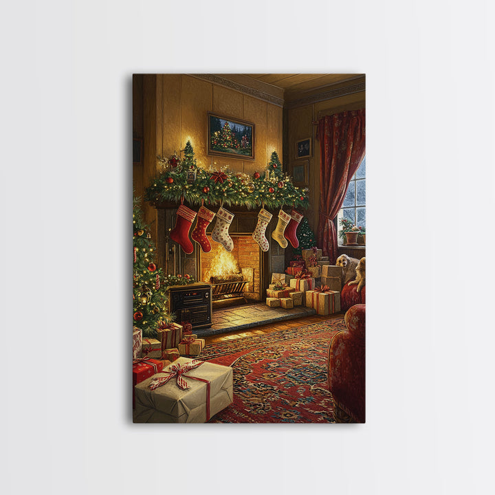 Cozy Christmas Mantle Decor Framed Canvas Print With Stockings Hanging And Presents By The Fire, Seasonal Holiday Wall Art Farmhouse Style