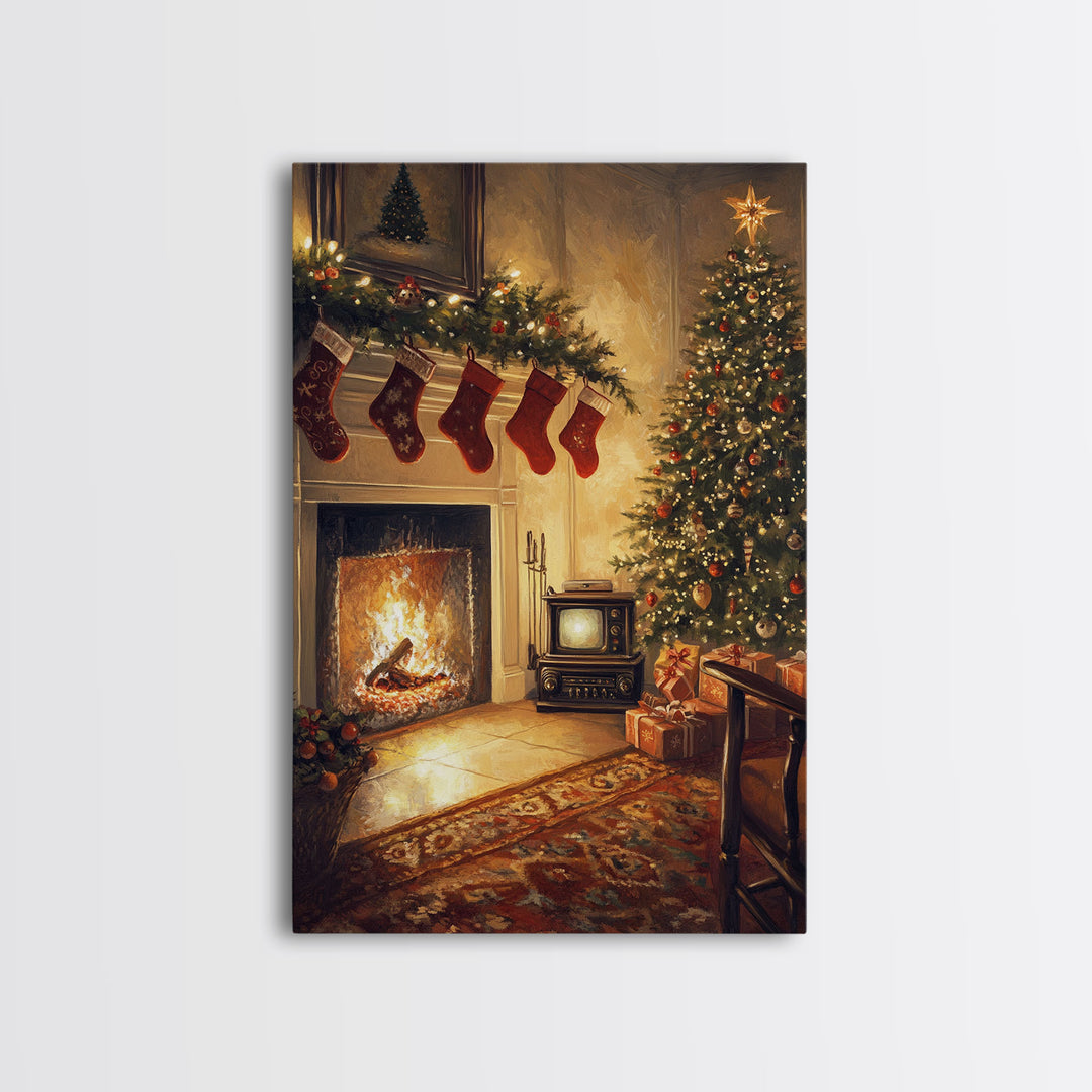 Nostalgic Christmas Living Room Scene Framed Canvas Print With Vintage Fireplace And Tree, Warm Holiday Wall Art Christmas Decor