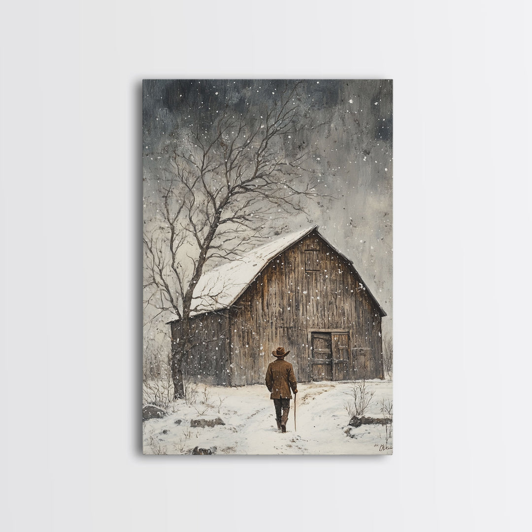 Winter Barn Snow Scene Framed Canvas Print - Moody Landscape Art Perfect Gift Idea 2024 Farmhouse Rustic Winter Wall Decor