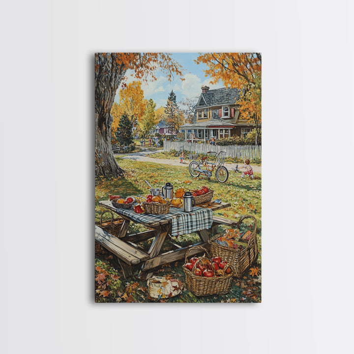 Autumn Picnic Outdoors Tall Art Framed Canvas Print With Basket Of Apples, Fall Scene Wall Art, Country Farmhouse Decor For Kitchen