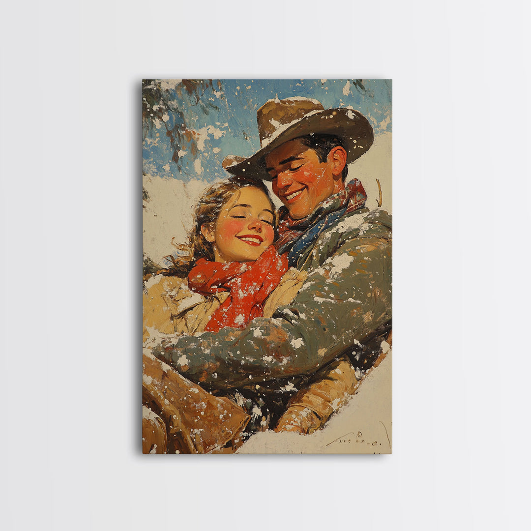 Snowy Couple Embrace Framed Canvas Print - Retro Christmas Art 2024 Holiday Home Decor Gift Idea for Cozy Winter Wall Art