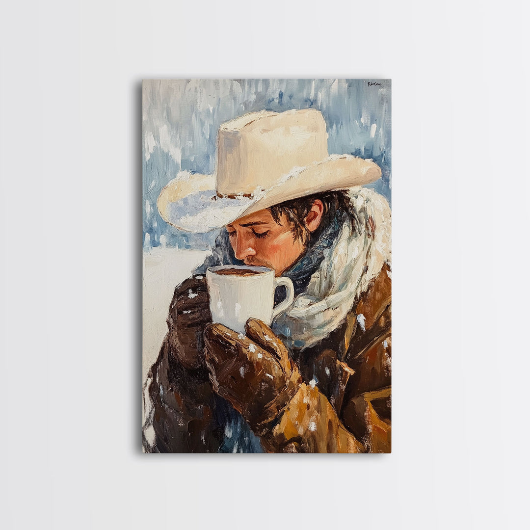 Cowboy Drinking Hot Cocoa Framed Canvas Print - Cozy Winter Wall Art 2024 Rustic Christmas Decor and Gift Idea