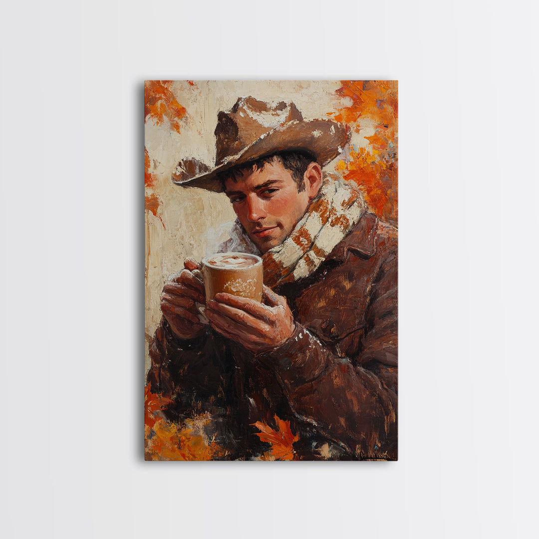 Cowboy with Coffee Mug in Autumn Framed Canvas Print - Fall Country Wall Art 2024 Rustic Home Decor and Gift Idea