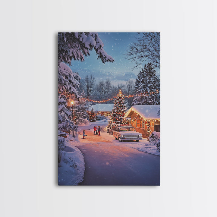 Classic Winter Christmas Neighborhood Framed Canvas Print Tall Art With Lights And Christmas Tree, Holiday Wall Art Home Decor