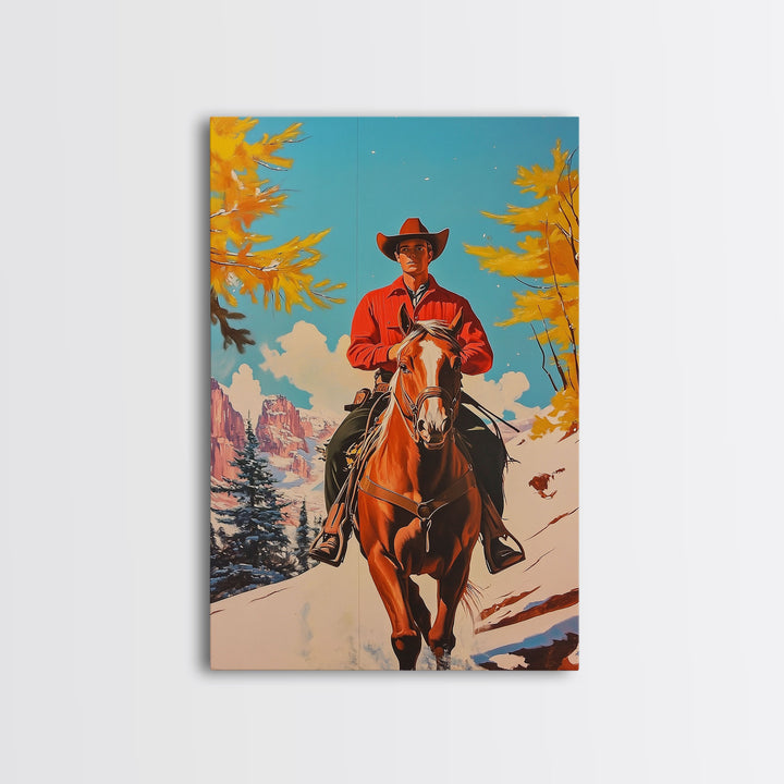 Western Cowboy on Horseback in Snowy Winter Landscape Canvas Print Vintage Christmas Wall Decor Winter Wonderland Christmas Gift Wall Art