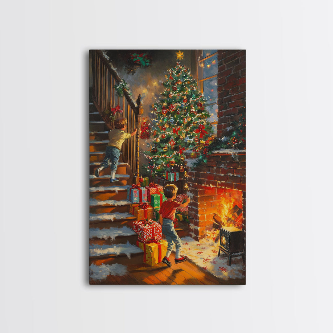 Children Hanging Stockings By The Fireplace Framed Canvas Print Tall Art With Christmas Tree, Nostalgic Christmas Wall Art Holiday Decor