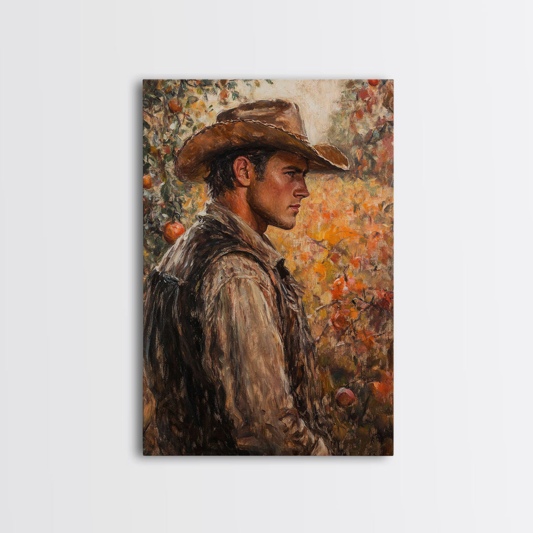 Thoughtful Cowboy in Orchard Canvas Print with Fall Colors, Rustic Western Art, Autumn Decor Gift, Vintage Wall Art, Large Canvas Print