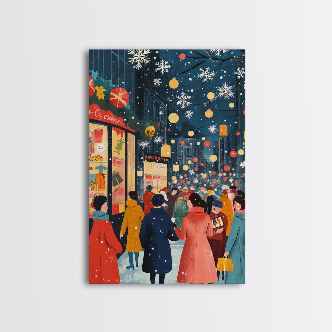 Retro City Christmas Shopping Scene Framed Canvas Print Tall Art With People In Coats And Snow, Vintage Holiday Wall Art Decor