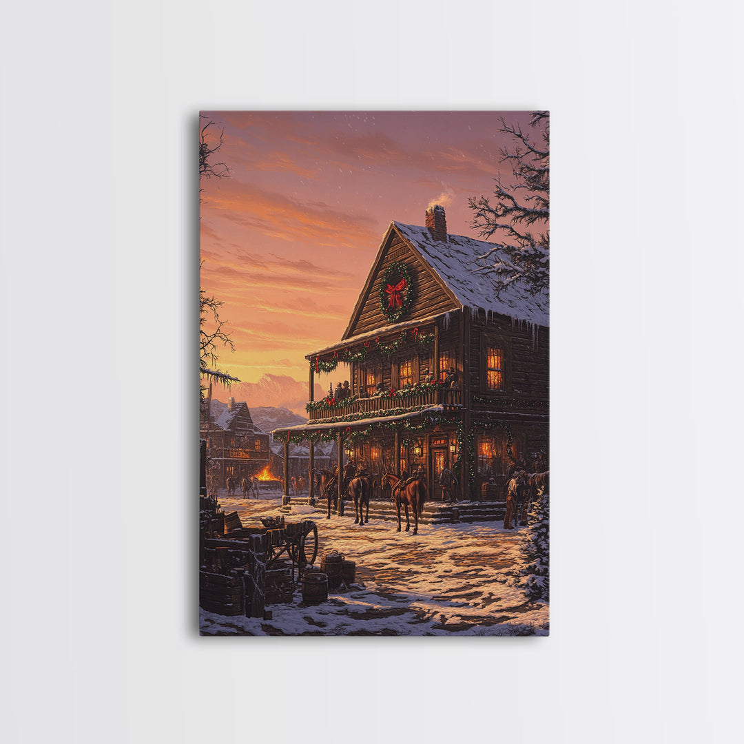 Western Town Christmas Framed Canvas Print Tall Art With Cowboys And Horses, Rustic Christmas Wall Art Home Decor Farmhouse Style