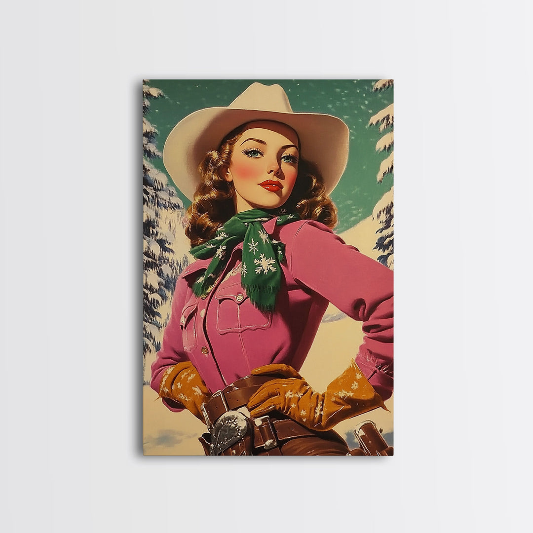 Vintage Christmas framed canvas print stylish winter cowgirl in festive snow perfect retro holiday decor or gift idea for rustic home