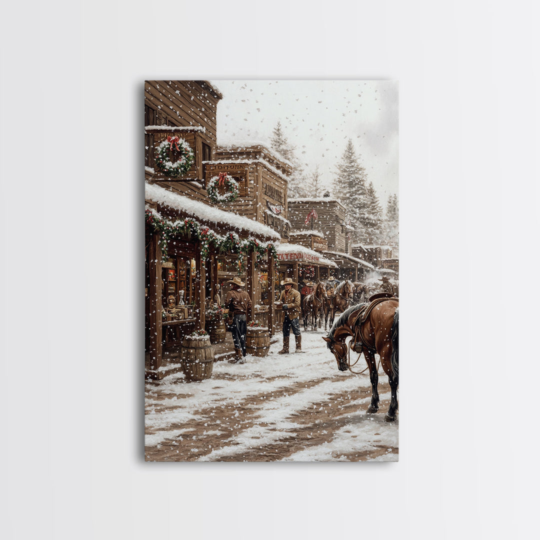 Nostalgic Cowboy Christmas Scene Framed Canvas Print Tall Art With Snowy Western Town, Rustic Wall Art Vintage Christmas Home Decor