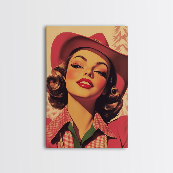 Retro 50s Style Cowgirl Wall Art, Framed Canvas, Vintage Style 50s Art, Fall or Christmas Wall Art