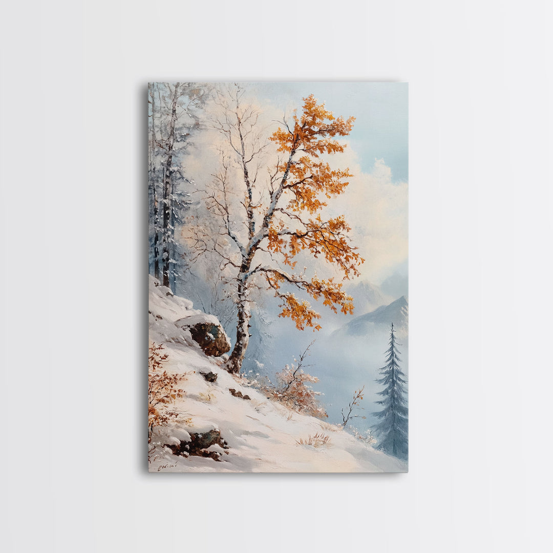 The Tree On The Mountain - Framed Canvas Print - Winter Wonderland Landscape Painting - Tall Christmas Decor