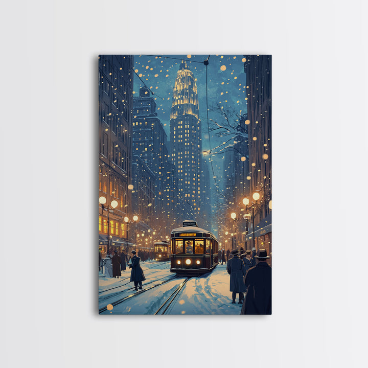 Snowy Winter City Scene Holiday Lights Framed Canvas Print Christmas Wall Art Urban Christmas Decor Holiday Gift Christmas Tree Art Gift