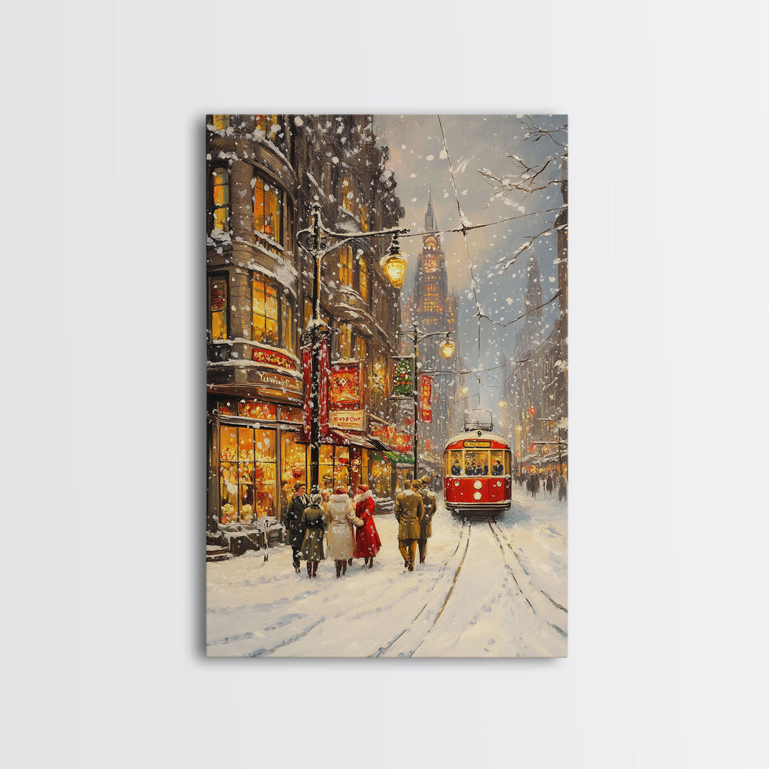 Vintage Snowy Christmas Street Scene With Trolley Framed Canvas Print Holiday Wall Art Retro Christmas Decor Christmas Tree Art Gift Idea