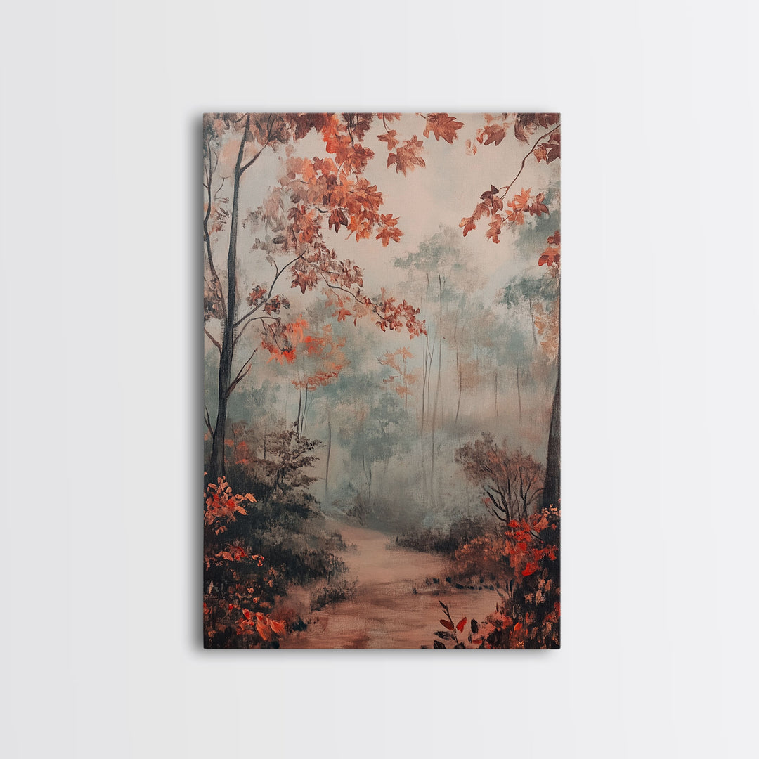 Framed Canvas Print of Autumn Pathway with Red Leaves, Seasonal Wall Art, Best Gift Idea, Modern Farmhouse Fall Decor, Moody Landscape