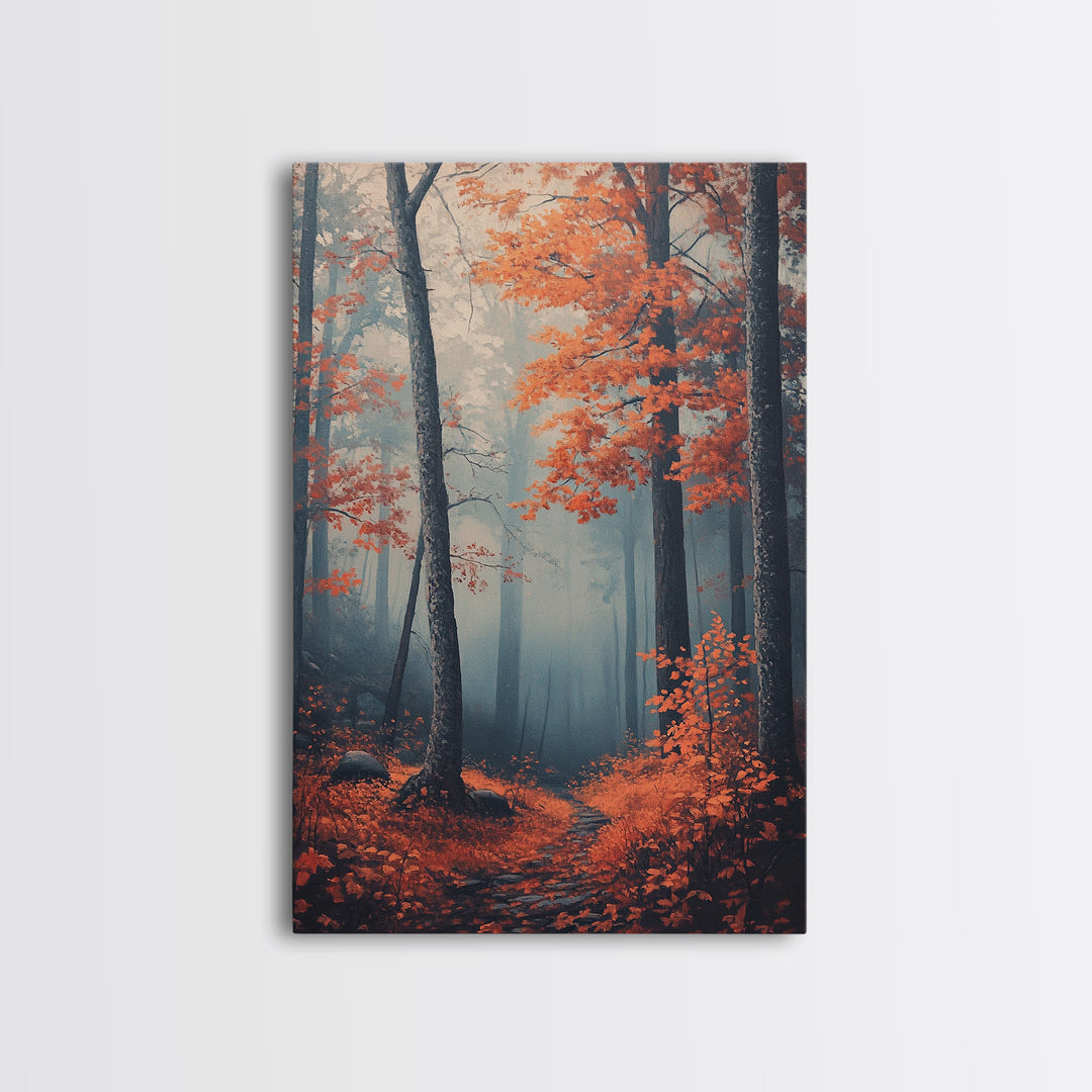 Framed Canvas Print of Misty Autumn Forest with Vibrant Red Leaves, Seasonal Wall Art, Modern Farmhouse, Gift Idea, Fall Landscape Art