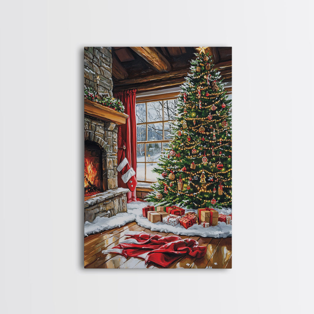 Cozy Cabin Fireplace With Christmas Tree Framed Canvas Print Christmas Wall Art Farmhouse Christmas Decor Holiday Gift Christmas Tree Art