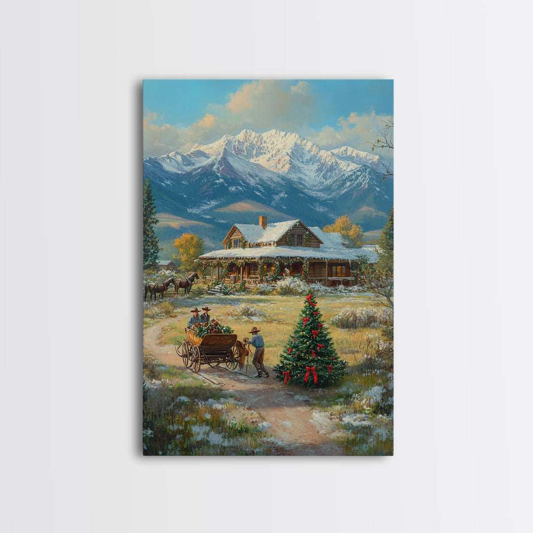 Snowy Mountain Cabin Christmas Tree Scene Framed Canvas Print Christmas Wall Art Holiday Decor Christmas Tree Art Winter Landscape Gift Idea