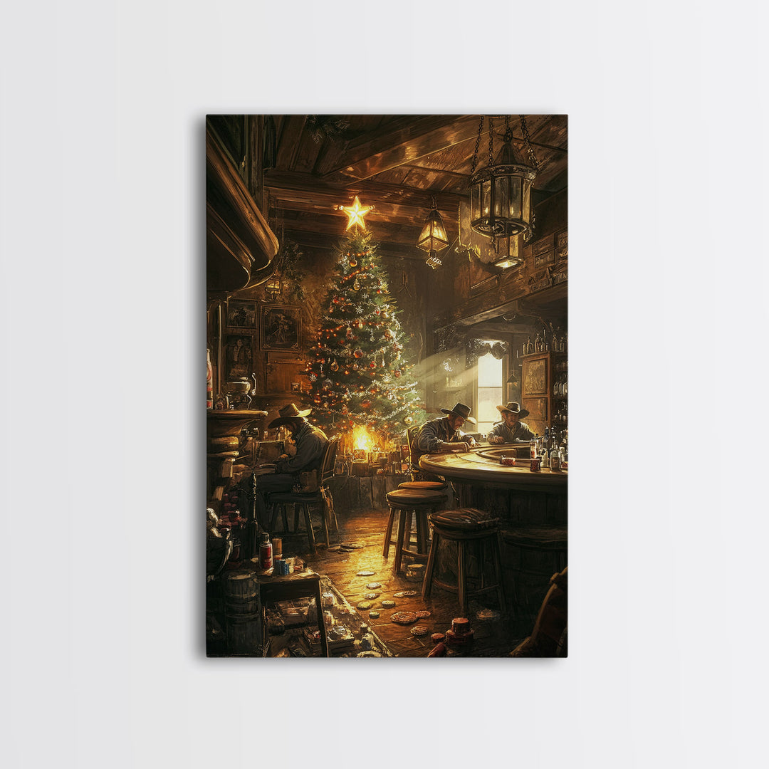 Rustic Western Tavern Christmas Tree Scene Framed Canvas Print Holiday Wall Art Christmas Decor Western Christmas Gift Rustic Holiday Art