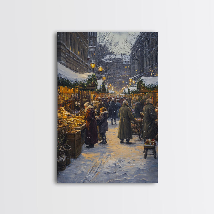 Snowy Christmas Market Scene Framed Canvas Print Christmas Wall Art Holiday Decor Christmas Tree Art Vintage Christmas Holiday Gift Idea