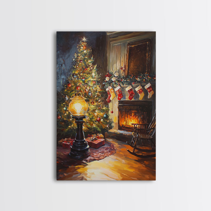 Vintage Christmas Tree And Fireplace Scene Framed Canvas Print Warm Holiday Decor With Stockings And Glowing Lights Christmas Wall Art