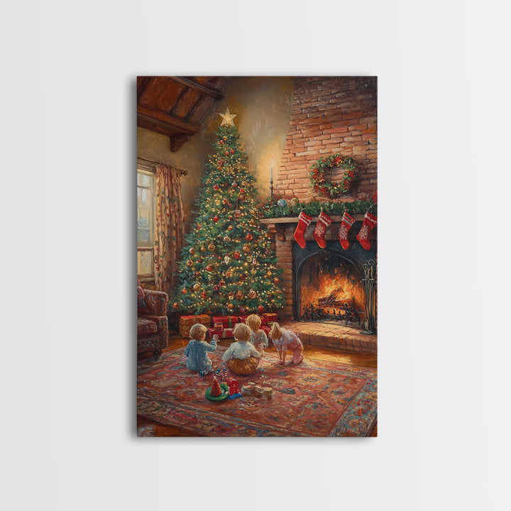 Children By Fireplace And Christmas Tree Framed Canvas Print Cozy Holiday Home Decor With Warm Fire And Festive Decorations Christmas Art