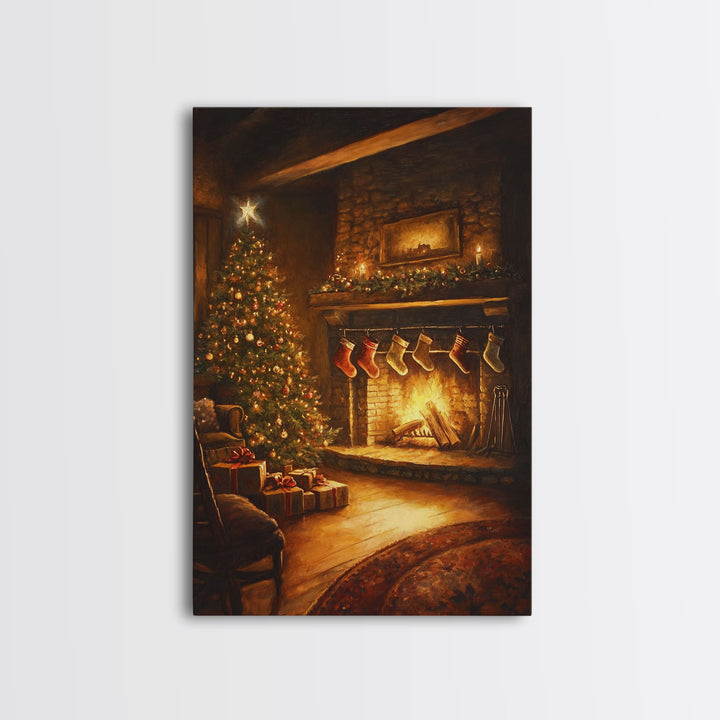 Rustic Cabin Fireplace With Christmas Tree Framed Canvas Print Warm Holiday Decor With Stockings And Christmas Lights Christmas Wall Art