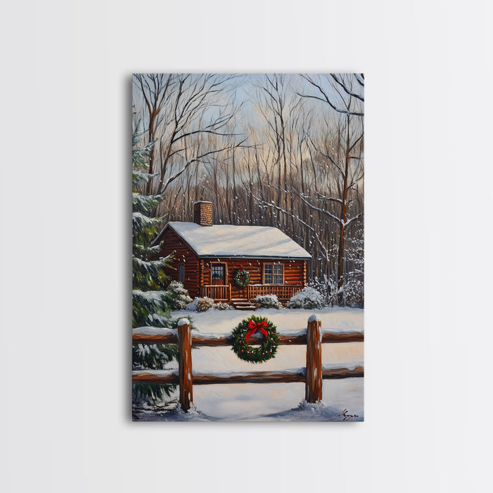 Snowy Log Cabin With Wreath And Fence Framed Canvas Print Rustic Winter Scene With Cozy Cabin In Snow Perfect Christmas Home Decor Wall Art