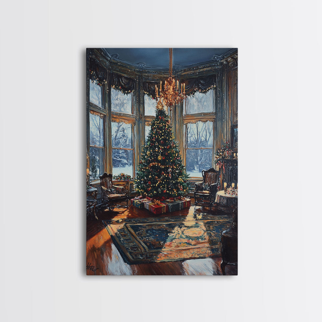 Grand Victorian Christmas Tree In Luxury Room Framed Canvas Print Classic Holiday Home Decor With Snowy Window And Festive Lights Wall Art