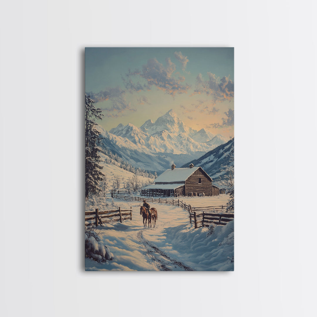 Winter Ranch Scene With Horses Framed Canvas Print Snowy Mountain Landscape Rustic Country Christmas Art Perfect For Farmhouse Wall Decor