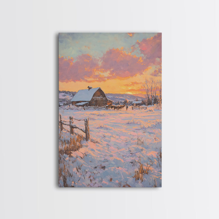 Sunset Over Snowy Ranch Framed Canvas Print Winter Wonderland Scene With Cabin In Snow Christmas Home Decor And Winter Landscape Art