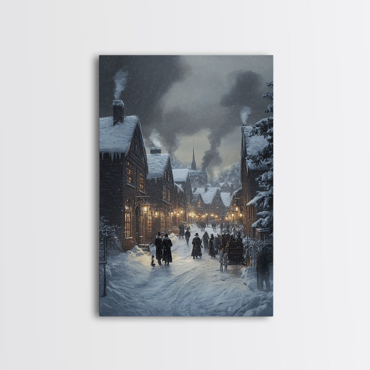 Traditional Victorian Christmas Village in Snow, Classic Christmas Wall Decor for Winter Wonderland Theme, Framed Canvas Print