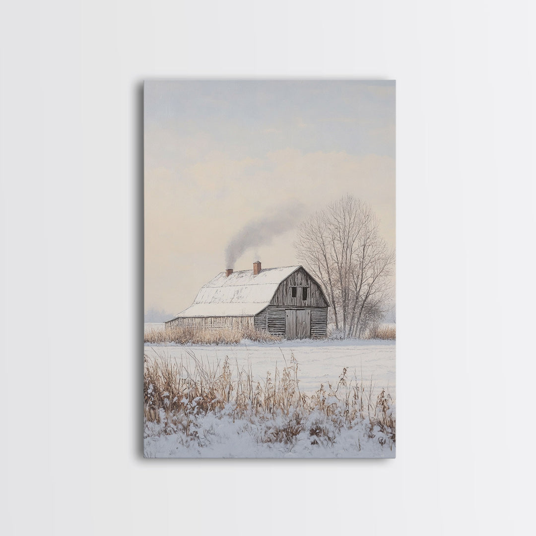 Winter Barn In Snow Framed Canvas Print Wall Art Rustic Winter Decor, Cozy Christmas Home Art, Winter Wonderland Wall Art