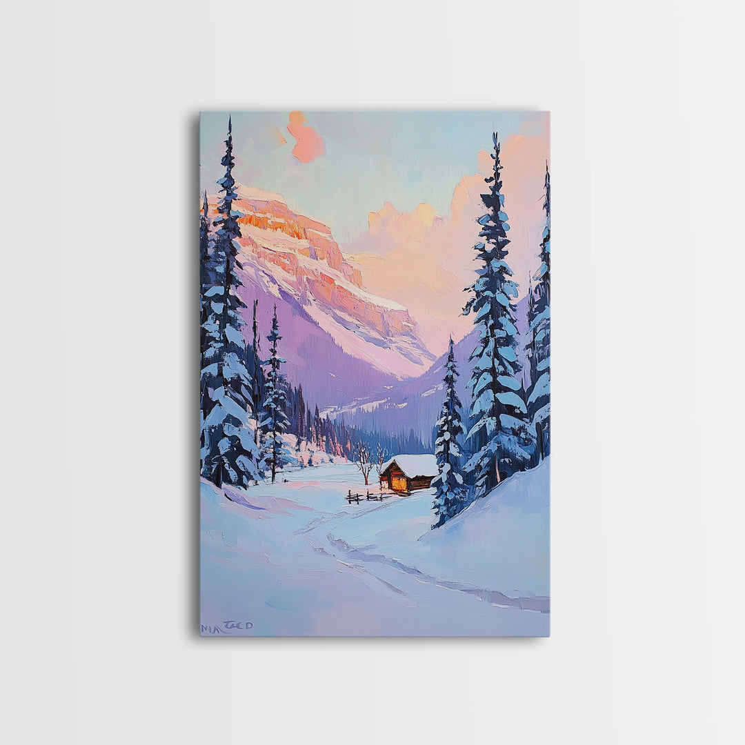 Snowy Cabin at Sunset Framed Canvas Print, Cozy Mountain Retreat with Snow-Covered Pines, Winter Landscape Art for Decor and Rustic Wall Art