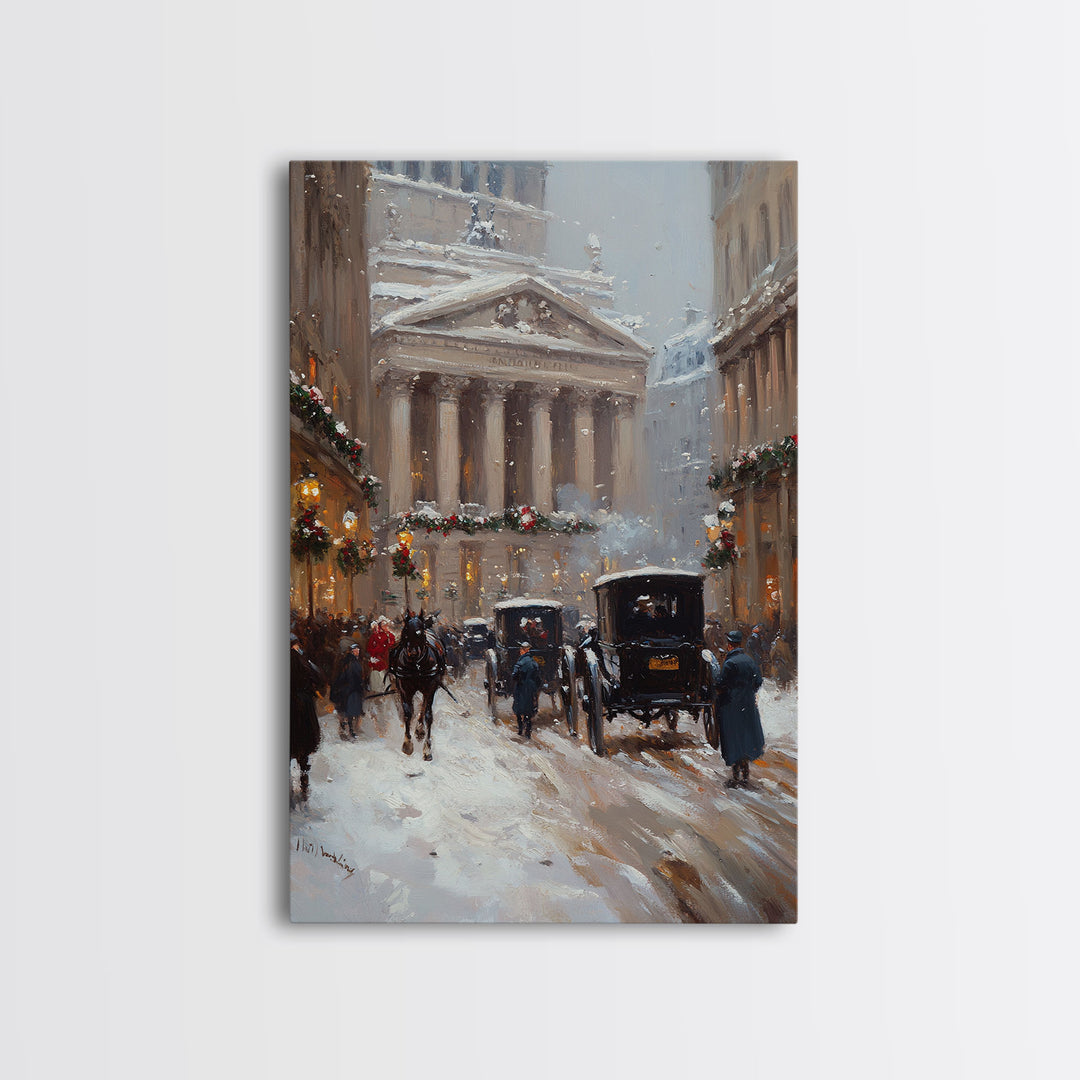 Victorian Winter Street Framed Canvas Print, Nostalgic Snowy City Scene with Horse-Drawn Carriages, Christmas Charm for Holiday Wall Art