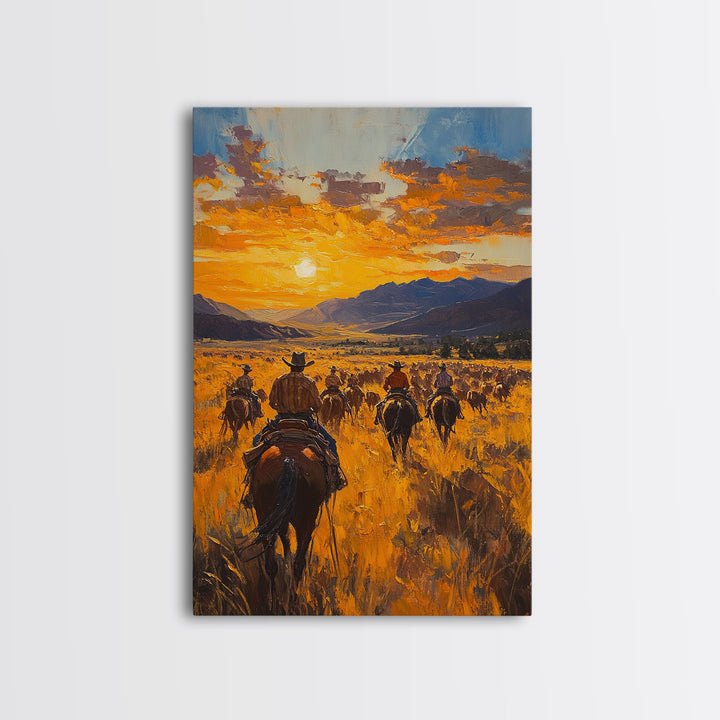 Cowboy Riders at Dusk Framed Canvas Print, Warm Sunset Western Scene with Riders on the Plains, Fall Decor Ranch Homes and Country Wall Art