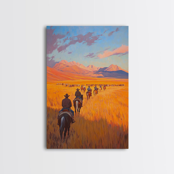 Cowboy Campfire Framed Canvas Print, Evening Gathering with Riders Around Fire, Western Landscape Art for Fall or Winter Home Decor